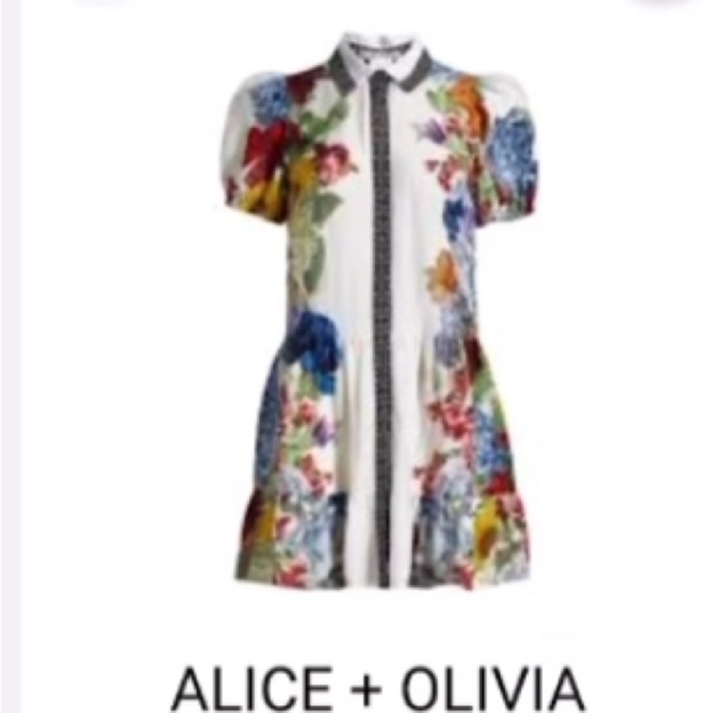 Alice + Olivia Blue Red Puff Sleeve Shirtdress